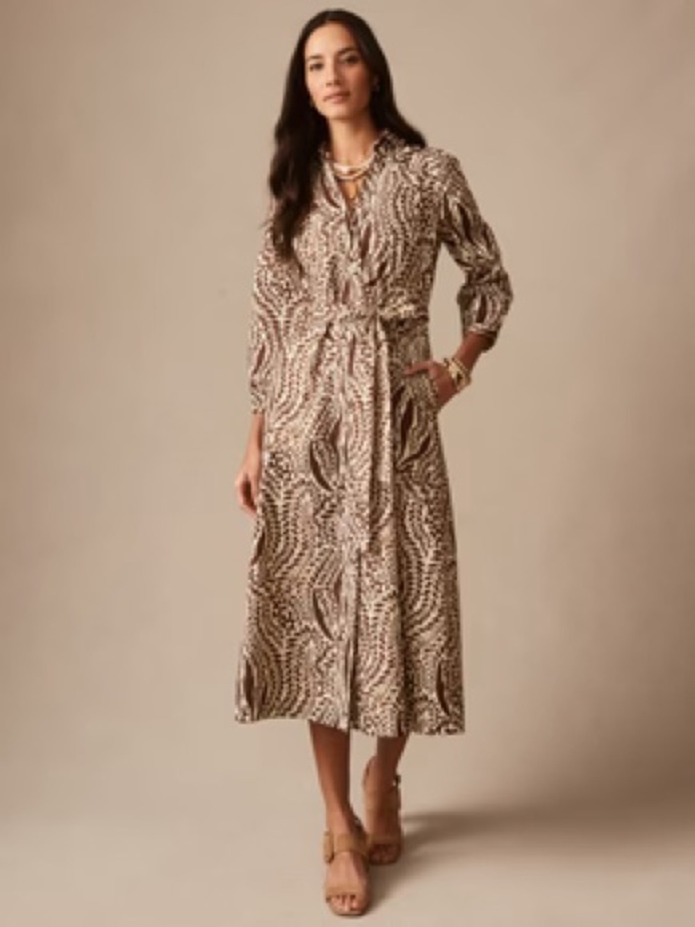 Printed Midi Shirt Dress in Brown and Cream
